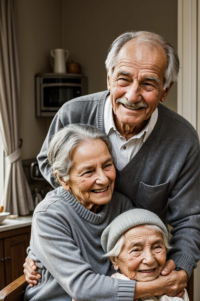 Create an image of a modest but cozy house, full of warmth. An old man, with gray hair and a kind smile, holds a small in his arms. an elderly woman, probably his wife, caresses the child's head tenderly. Little Savior smiles, feeling safe and loved.