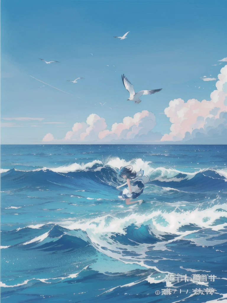 there are two seagulls Flying over the ocean on a sunny day, wild Ocean background, Sea background, Ocean background, Wallpaper Anime Blue Water, Beautiful Ocean, Blue Sea, sky and Ocean background, Sea and sky, Rough Seas, Flying over the ocean, Clouds、Wings and waves, Bright sea, Detailed sea, Beautiful sea view, realistic ocean, blue ocean,Seagull flying,Shinkai Makoto style