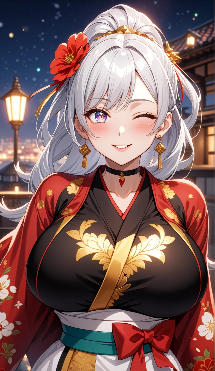 ((One personの女性)), Beautiful Face,Laughing embarrassedly,((Wink:1.9)),Laugh with your mouth wide open, ((Bright red cheeks:1.4)),Glossy red lips,night,rooftop,Festive decorations,You can see the ocean, firework,Lighting on the face,((Anime style background)),masterpiece, Highest quality, so beautiful,Latest, Complex details, (Pink long nails),(ring),(bracelet),(choker),AI-generated, Complex,High resolution, Highest quality, super high quality,3D Images、looking outside、3D Images,One person,Long white hair,High Ponytail,(blue eyes),Anime woman posing for a photo, ((Fine grain、Silvery white colorful eyes、Shining Eyes:1.4)),(Squint your eyes:1.1),a hyperRealistic , hyperRealistic , Realistic,Anime woman with long and white hair, Smooth anime CG art, A woman in a colorful kimono with gold embroidery, (Black long sleeve kimono),Red floral pattern,Long flower hair ornament,Big earrings,Mature Body,(Big Breasts:1.1),Tall,Abdominal muscles,Narrow waist,(Zoom in on face:1.8),Photographed from the front