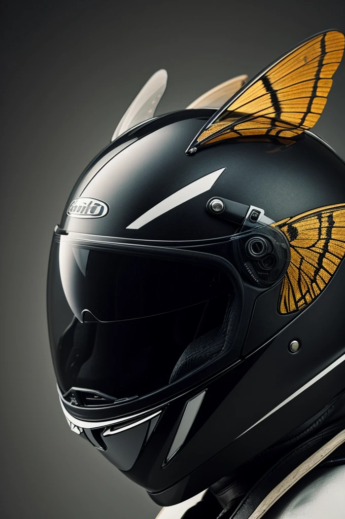 motorcycle helmet side profile with moth wings behind 