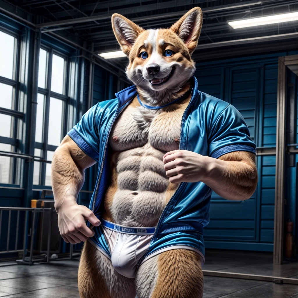 dad male corgi with small human blue eyes well built, dark blue track suit , no shirt no pants ,white briefs , highly detailed lineart 4k, best quality, masterpiece, vivid colors, physically-based rendering, white hands five finger, grin 
