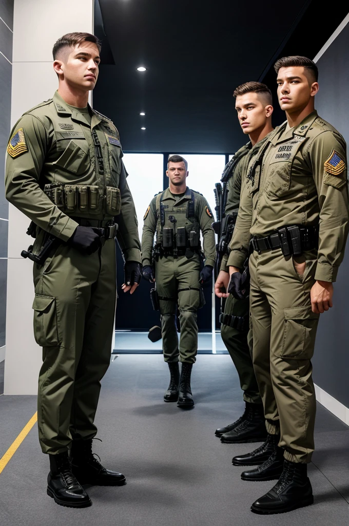 A group of 5 people looking different sides half body photo first man other two behind him and other two behind them
And people looking like American
soldier bodyguard security guard police air force