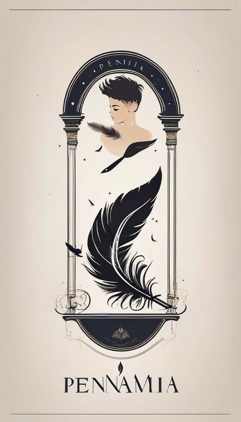 A minimalist, fantastic, poetic, dreamy, captivating, memorable, masterpiece, modern, simple logo design of a boy and a feather for the brand “Penamemoria". The logo must convey a sense of music, stories and dreams. Minimalistic logo design of a boy and a feather.