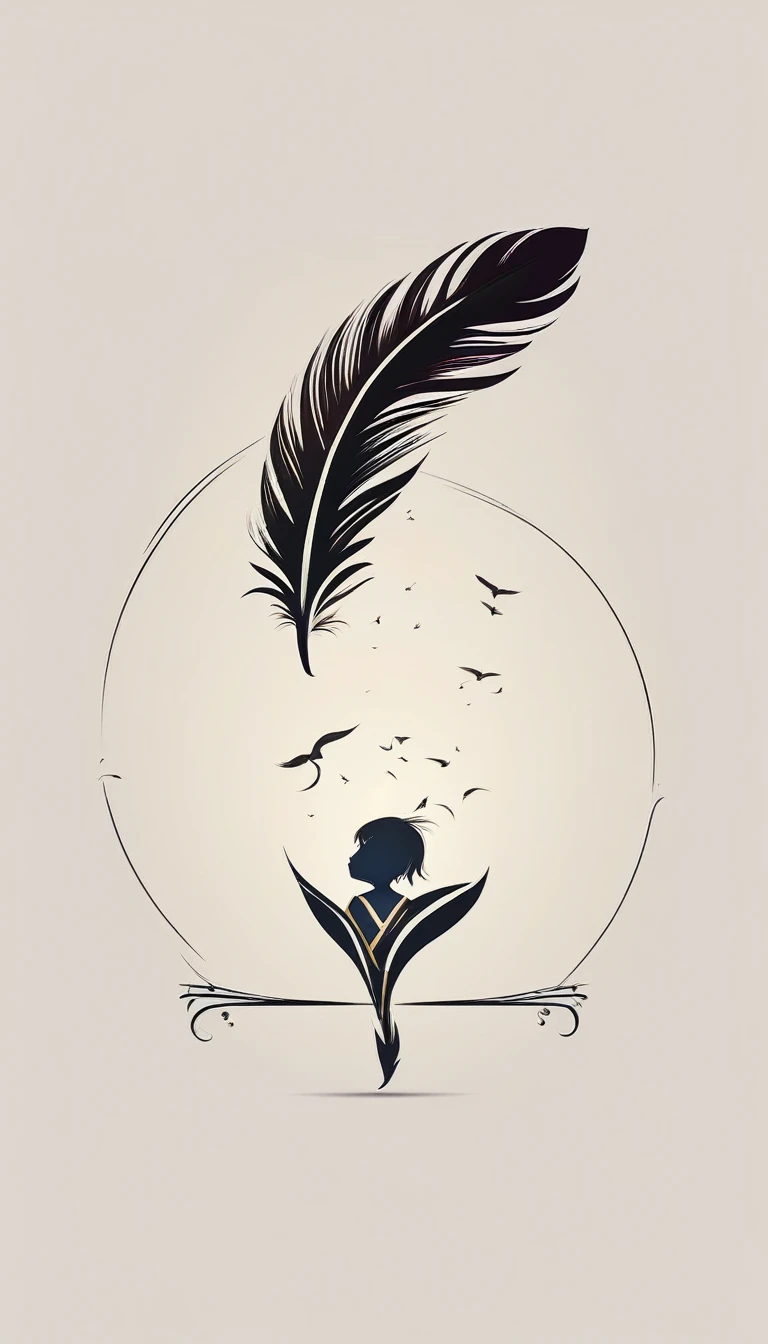 A minimalist, fantastic, poetic, dreamy, captivating, memorable, masterpiece, modern, simple logo design of a boy and a feather for the brand “Penamemoria". The logo must convey a sense of music, stories and dreams. Minimalistic logo design of a boy and a feather.