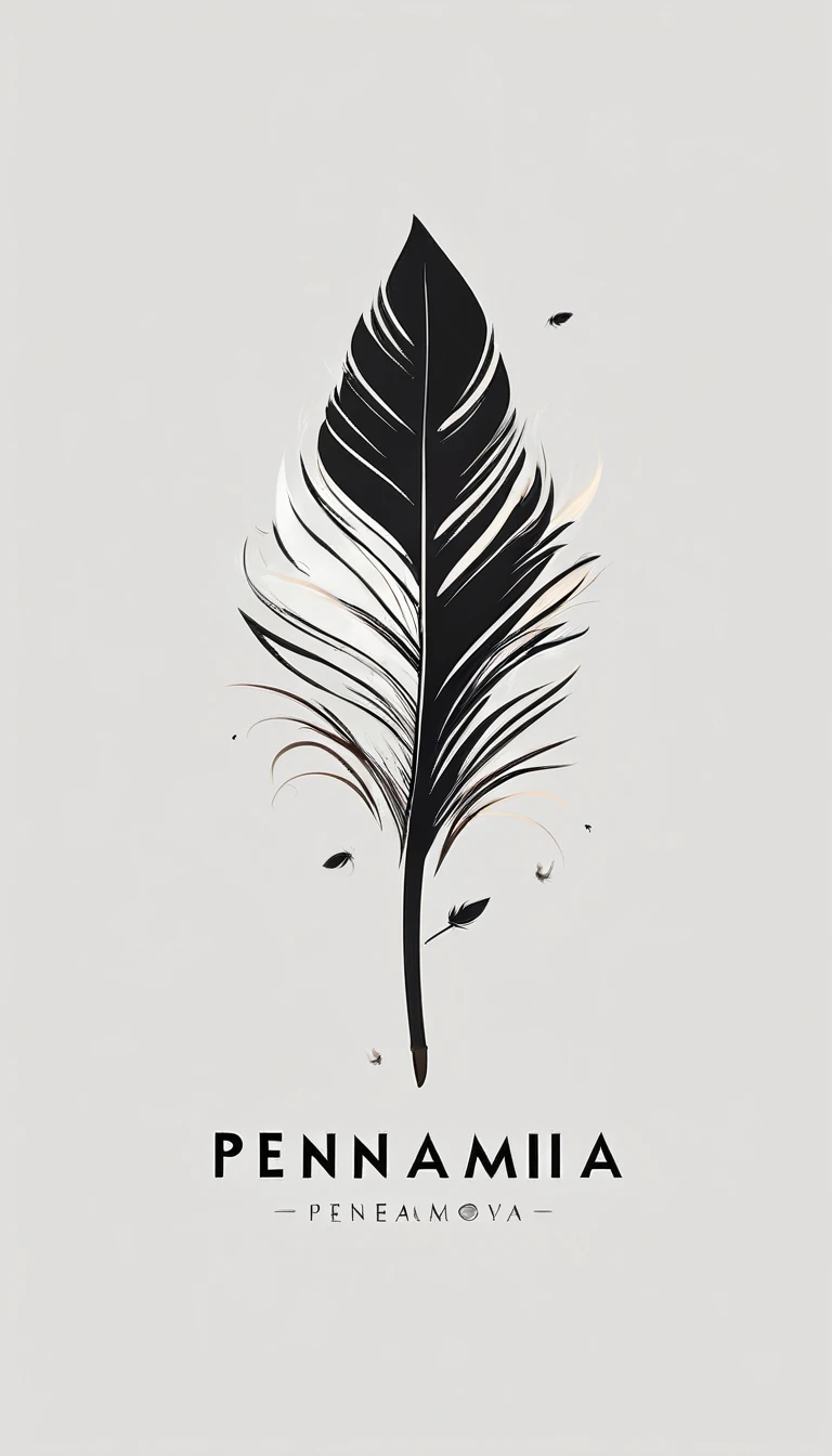 A minimalist, fantastic, poetic, dreamy, captivating, memorable, masterpiece, modern, simple logo design of a boy and a feather for the brand “Penamemoria". The logo must convey a sense of music, stories and dreams. Minimalistic logo design of a boy and a feather.