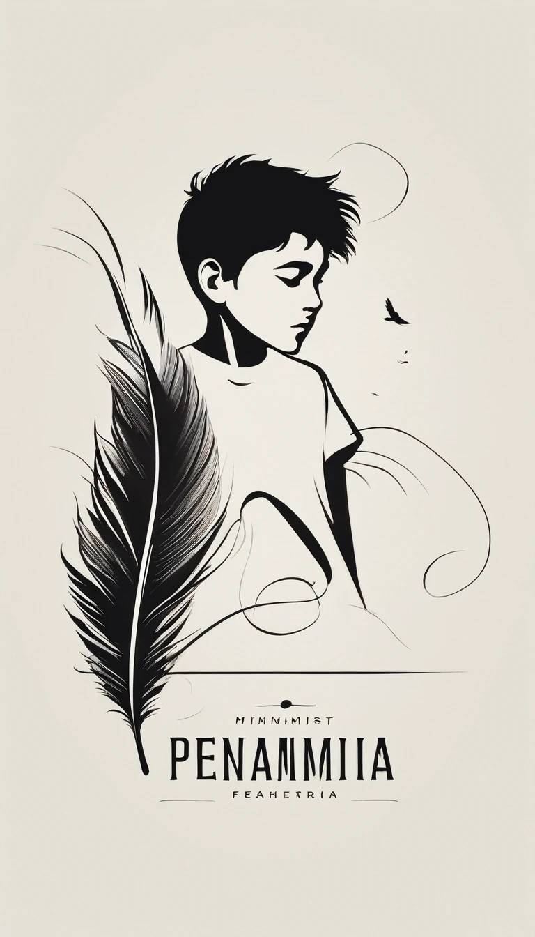 A minimalist, fantastic, poetic, dreamy, captivating, memorable, masterpiece, modern, simple logo design of a boy and a feather for the brand “Penamemoria". The logo must convey a sense of music, stories and dreams. Minimalistic logo design of a boy and a feather.