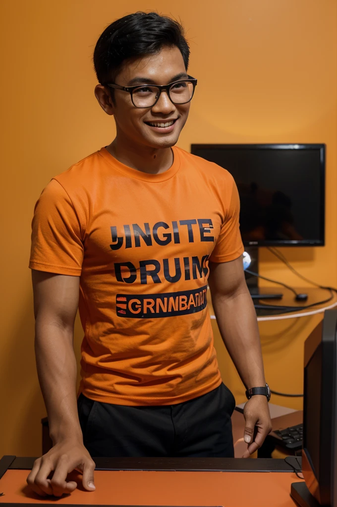 Photography realistis, a handsome Indonesian young man wearing glasses of the Indonesian race, wearing an orange t-shirt that says "Success with the Maju Jos community", smiling at a gaming table complete with a bright neon orange white bright computer with a social media poster background, YouTube, Facebook, Instagram, TikTok , 3D, 4D, uHD, HD 8k, HD, 10k, typography, hyperealistic, hyperdetail,