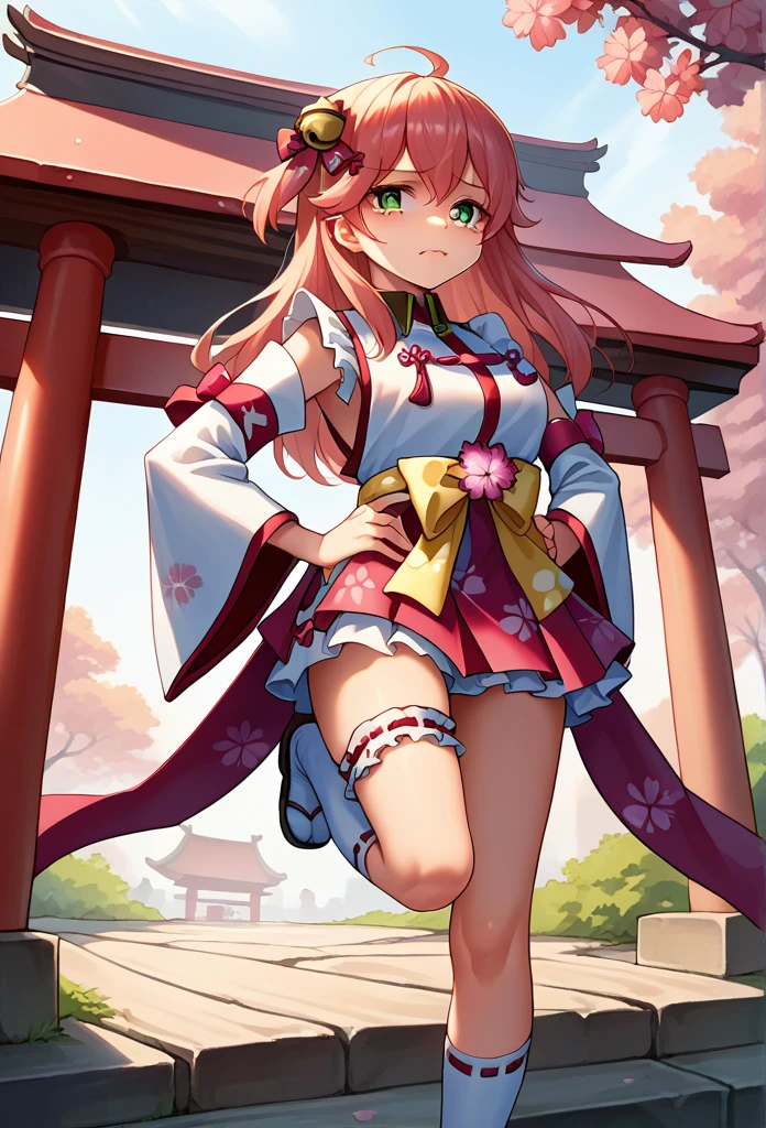 score_9, score_8_Excellent, sauce_anime, One Girl, alone, Miko Base, Long Hair, Ahoge, one side Excellent, Hair Bell, Cherry blossom print, Non-traditional Shrine Maiden, Frills, One Leg Knee Socks, Bridal Garter, Hands on hips, Outdoor, shrine, cry, Cowboy Shot, tears