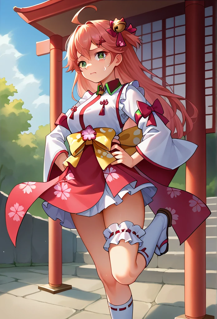 score_9, score_8_Excellent, sauce_anime, One Girl, alone, Miko Base, Long Hair, Ahoge, one side Excellent, Hair Bell, Cherry blossom print, Non-traditional Shrine Maiden, Frills, One Leg Knee Socks, Bridal Garter, Hands on hips, Outdoor, shrine, cry, Cowboy Shot, tears
