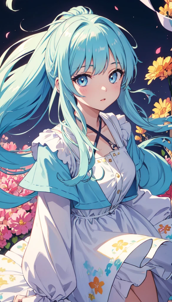 (masterpiece), (best quality), (ultra detailed),(disheveled hair),(illustration), (1girl), (Fashionable clothing), standing, Fashion model, looking at viewer, (interview), (simple background),beautiful detailed eyes, delicate beautiful face, Floating,(high saturation),(colorful splashes),colorful bubble,(shining), focus on face,  ponytail, kamisato ayaka, light blue hair, bangs, hair ring, floating flowers, floating hairs, (shining), best lighting, best shadow,  