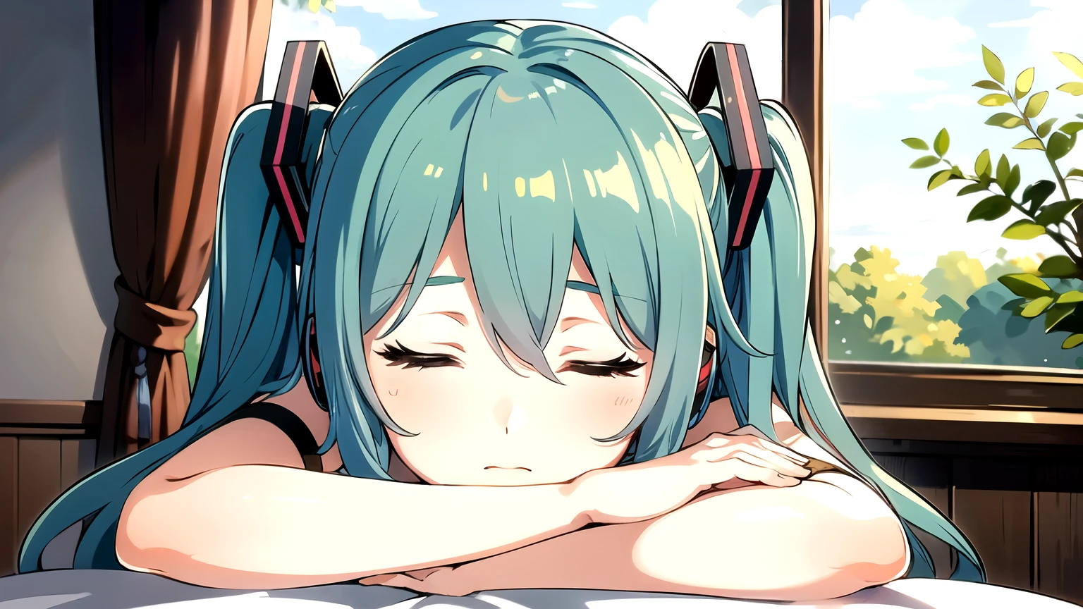 ((Highest quality)), ((masterpiece)), (detailed), Vocaloid Hatsune Miku, Sleepy face, Looking out the window at dawn