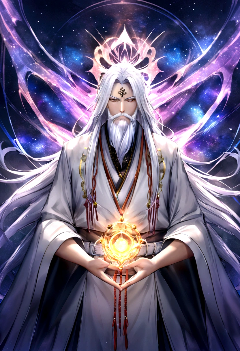 Long white hair,meditation,Has a white beard,Meditate cross-legged,Taoism, Wearing a white robe,Wears a white belt,Magic Aura,Taoism master,Taoism,Space Background,In the center,Facing the camera,Very bright colors, Light Particles, Luminescence, Mushf, Wallpaper Art, Ultra HD Wallpaper