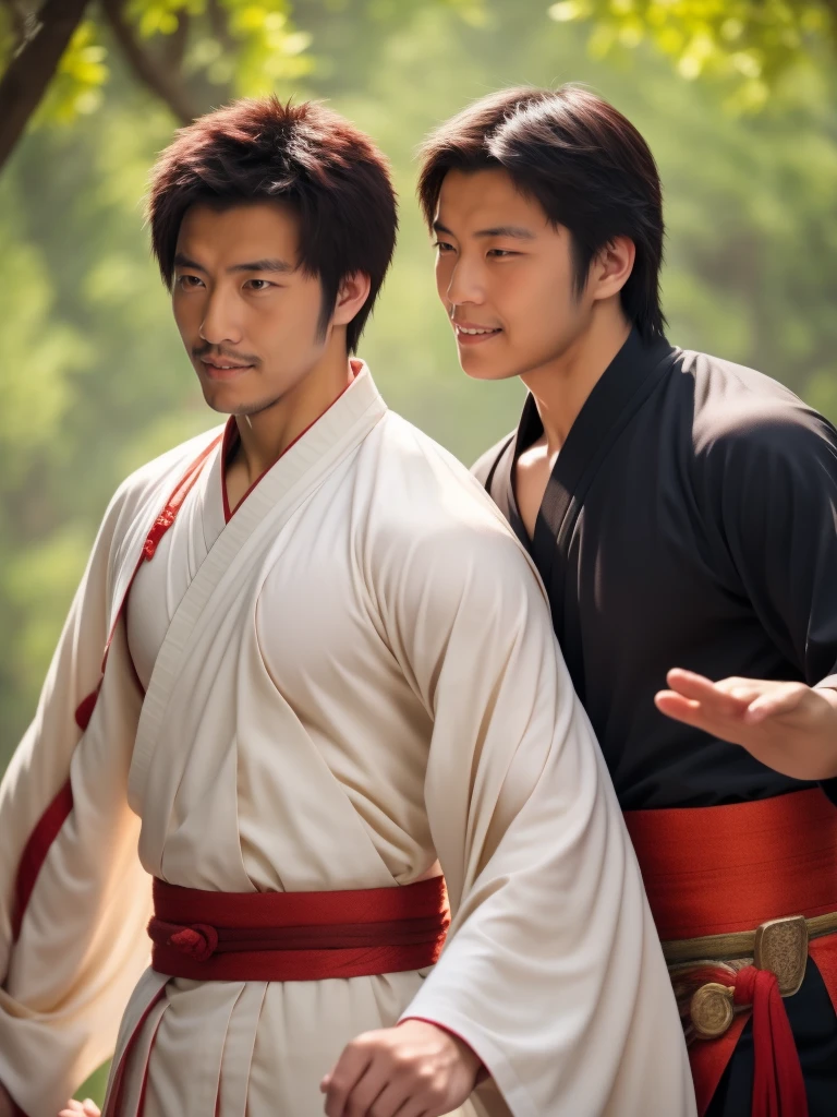 Two handsome boys kissing, smiling at each other, catching eyes ,hugging, kissing, touching lips, cuddle, romantic,skin ship, Chinese Men God, Mythology, realistic, Chinese odyssy, super Handsome,manly, kpop idol, handsome korean actor, 20 years old,, detailed face, manly jawline, manly chin, detailed mess curly styling hair, Topless, Muscles, big chest Athlete body, Full Frame,full body shoots, Sexy, realistic, human skin, tattoo breast, Professional studio Lighting, long red tibetan Outfit, jade and golden pendent all over , detailed jewery in dress, earings,Chinese ancient temple Background,out door, super detailed background,look at camera , open mouth, loincloth Underneathe Underwear, tibet Warrior, Hanfu red wedding dress, tibet Male, tibet Nobel, Seduce , bare chest , tattoo chest, tattoo arms, tattoo hands, tattoo back, tattoo legs , detailed tattoos, big juicy butts, bare butts