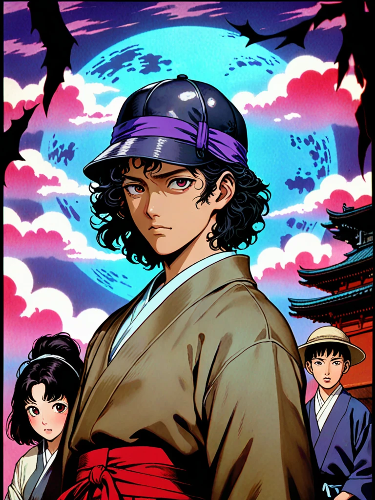 illust、art、from 80s horror movie, directed by Junji Ito、Despair Teacher、A young Japanese man with black, curly hair、Plain clothing、Wearing a khaki bucket hat、Wearing a haori、Wearing a collarless shirt、Hakama、Wearing geta、Scholar、cool、Nihil、high detail, realsitic shadow、Analog style, vhs style, 8mm film, chromatic aberration, Dvd screengrab、Blue-purple and red-purple gradation、Surrealism、Mystery、Horror、dark、1930s、Japanese style retro