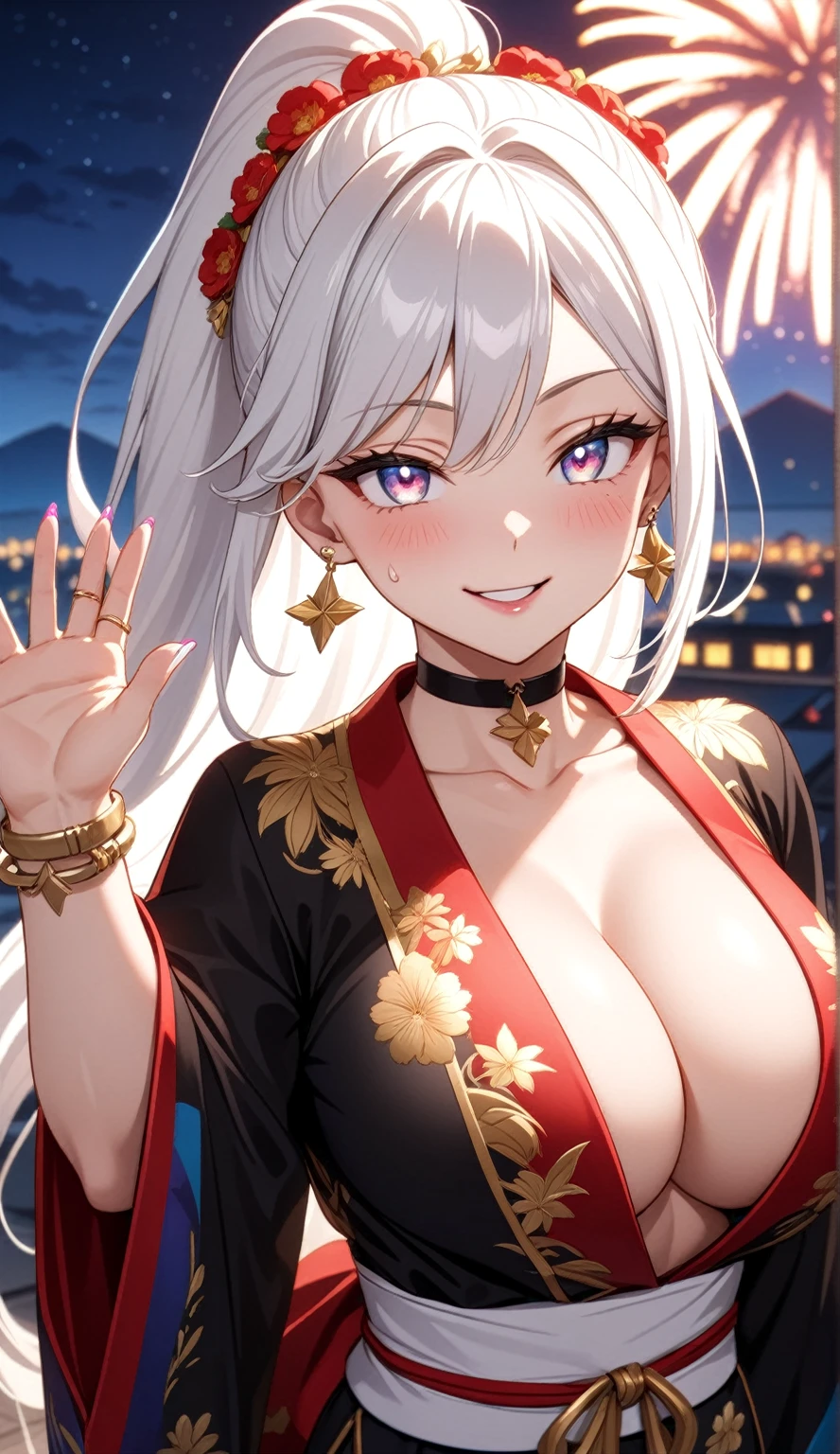 ((One personの女性)), Beautiful Face,Laughing embarrassedly,((Wink:1.9)),Laugh with your mouth wide open, waving at viewer, ((Bright red cheeks:1.4)),Glossy red lips,night,rooftop,Festive decorations,You can see the ocean, firework,Lighting on the face,((Anime style background)),masterpiece, Highest quality, so beautiful,Latest, Complex details, (Pink long nails),(ring),(bracelet),(choker),AI-generated, Complex,High resolution, Highest quality, super high quality,3D Images、looking outside、3D Images,One person,Long white hair,High Ponytail,(blue eyes),Anime woman posing for a photo, ((Fine grain、Silvery white colorful eyes、Shining Eyes:1.4)),(Squint your eyes:1.1),a hyperRealistic , hyperRealistic , Realistic,Anime woman with long and white hair, Smooth anime CG art, A woman in a colorful kimono with gold embroidery, (Black long sleeve kimono),Red floral pattern,Long flower hair ornament,Big earrings,Mature Body,(Big Breasts:1.1),Tall,Abdominal muscles,Narrow waist,(Zoom in on face:1.8),Photographed from the front