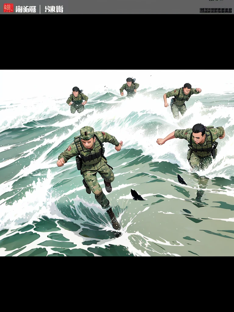 Cartoon，Soldiers，Running in the sea，Brother ，Propaganda poster，serious，A Brother Bing running by the water，Return from the Waves。Q version，Chinese style，Can have more than one character，Green camouflage uniform，Running posture。To be cartoon，Not realistic，Want posters，Cartoon。Run solo。spray。