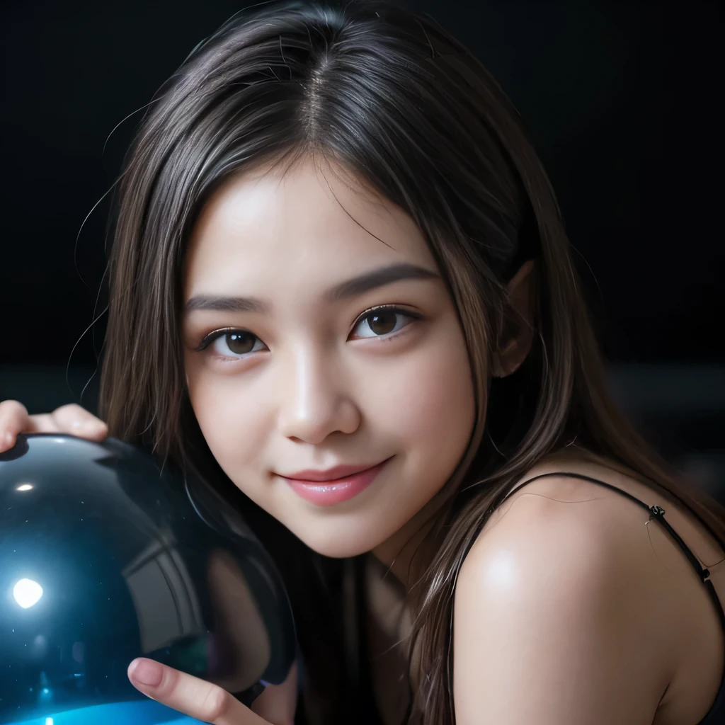 raw photo , 8K, ultra detailed, (realistic:1.2), (1girl), (smile:1.3), (round face), (black camisole),(holding blacklight ball:1.3), (dark room)