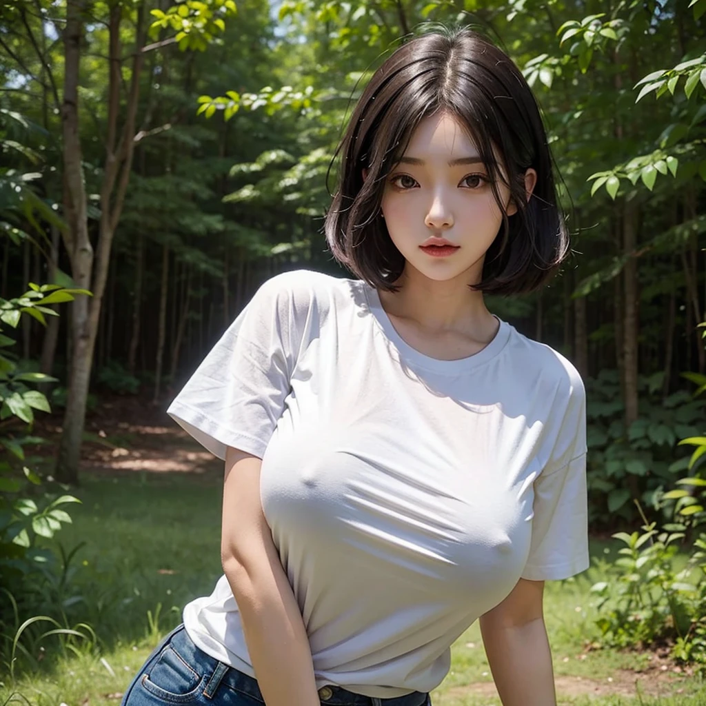 A girl with big breasts lifts her t-shirt to show her breasts in a natural setting、Hair style is black bob