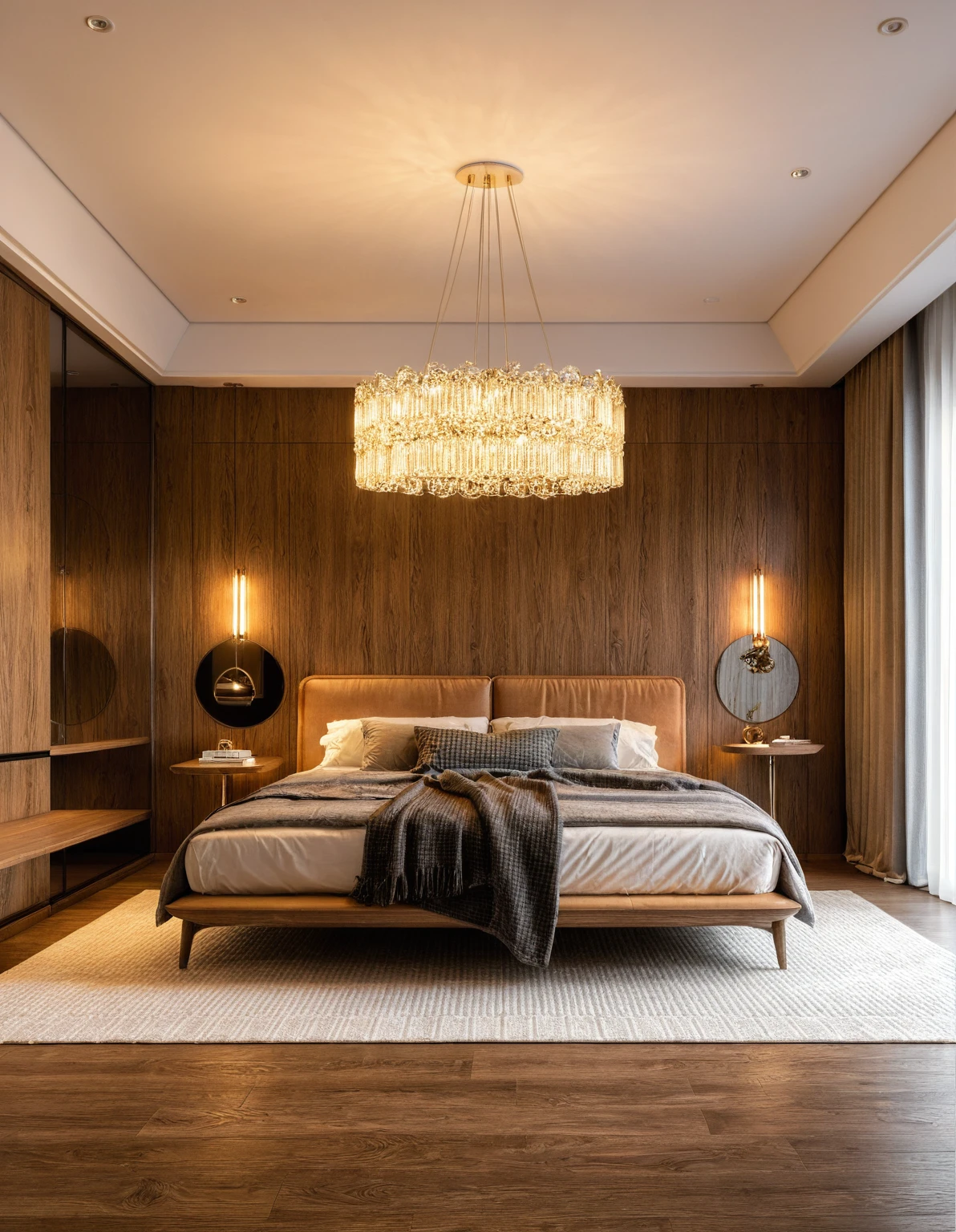 Raw photo,Masterpiece, high quality, best quality, authentic, super detail, interior, indoors, ((bedroom style modern luxury)), sunset, day light, bed, lamp, carpet, curves, curved walls, bedside cabinets, flower vase, wood floor ,wardrobe, glass cabinet doors, led, table lamps, chandeliers, windows, curtains, downlight, book