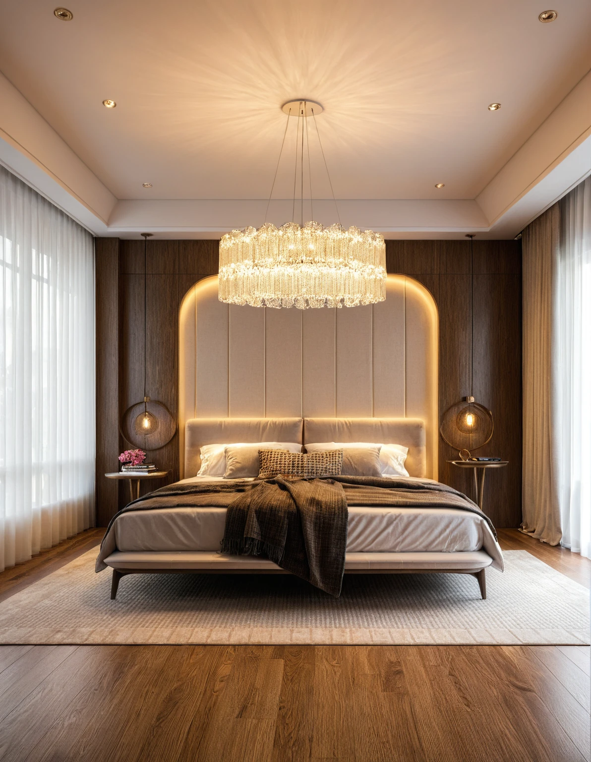 Raw photo,Masterpiece, high quality, best quality, authentic, super detail, interior, indoors, ((bedroom style modern luxury)), sunset, day light, bed, lamp, carpet, curves, curved walls, bedside cabinets, flower vase, wood floor ,wardrobe, glass cabinet doors, led, table lamps, chandeliers, windows, curtains, downlight, book