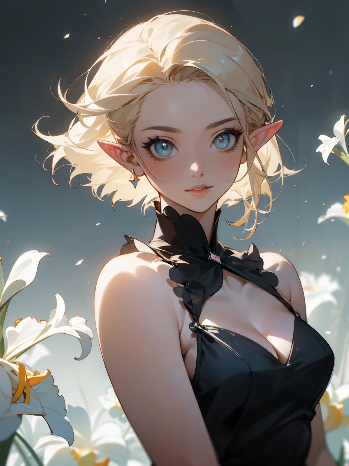 (masterpiece), ((best quality)), (super detailed), (Clean and delicate face), (side lighting, finely detailed beautiful eyes: 1.2), (Eyelid, Pupil, Sclera, Iris), particle, wind, flower, upper body, from front, pixie cut blonde hair, slick back, pointed ears, slight smile, lips apart, bare shoulder black dress, sleeveless, cleavage, clavicle, dark simple background, looking at viewer, galaxy