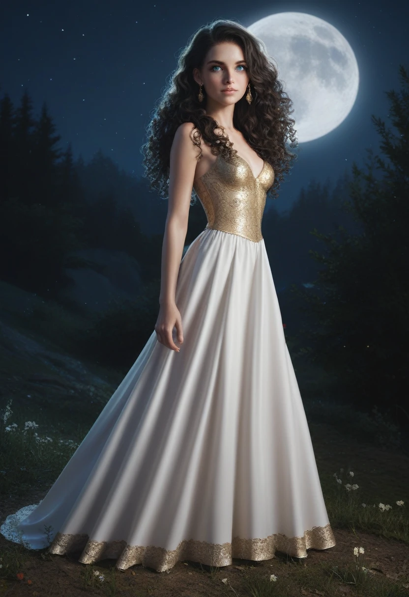 score_9, score_8_up, score_7_up, score_6_up, rating: safe, 1girl, solo, (black_hair:1.5), wavy_hair, jewelry, dress, blue_eyes, earrings, (long_hair:1.5), looking_at_viewer, curly_hair, full_body, lips, lace, white_dress, gold_dress, (night:1.3), cxqz8r, medieval_dress, medieval_landscape, fullmoon, rpg, (rape_face:1.3), narrow_waist, (skinny:1.3), (pale_skin:1.2), awesome_face
