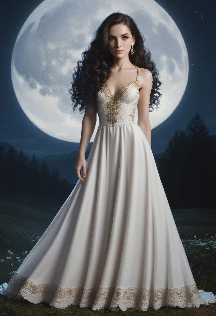 score_9, score_8_up, score_7_up, score_6_up, rating: safe, 1girl, solo, (black_hair:1.5), wavy_hair, jewelry, dress, blue_eyes, earrings, (long_hair:1.5), looking_at_viewer, curly_hair, full_body, lips, lace, white_dress, gold_dress, (night:1.3), cxqz8r, medieval_dress, medieval_landscape, fullmoon, rpg, (rape_face:1.3), narrow_waist, (skinny:1.3), (pale_skin:1.4), (penis_awe:1.5), (large_breasts:1.2)