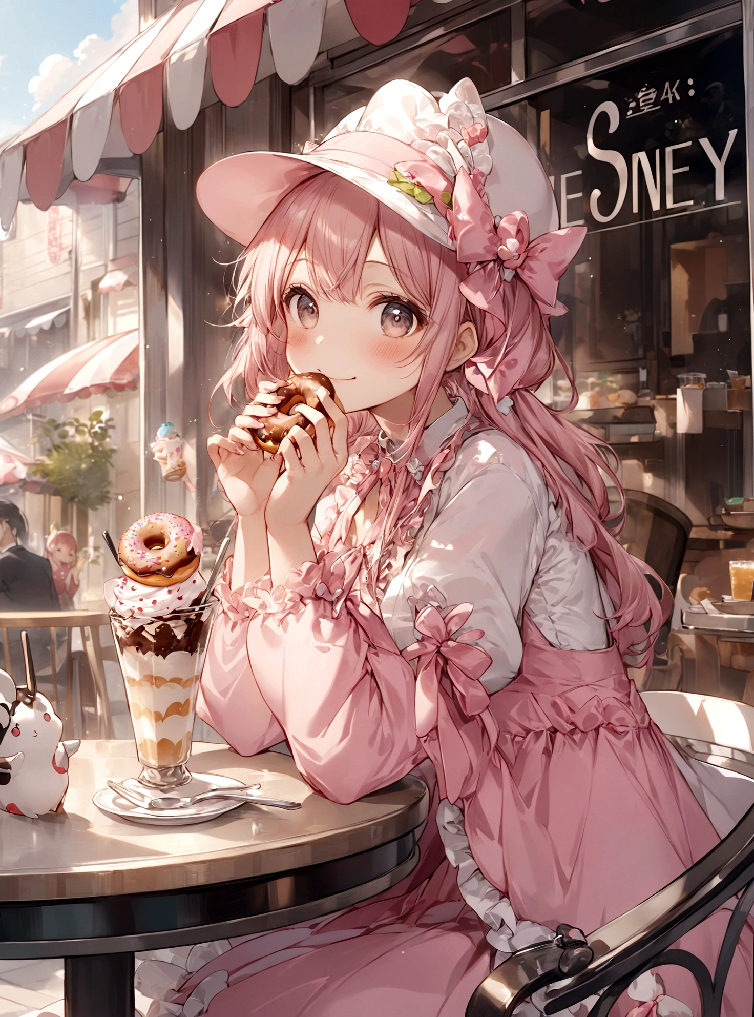 anime smiling girl in pink dress eating a donut at a table, kawacy, anime visual of a cute girl, anime art wallpaper 4k, anime art wallpaper 4 k, anime art wallpaper 8 k, cute anime girl, 4k anime wallpaper, best anime 4k konachan wallpaper, splash art anime loli, anime style 4 k