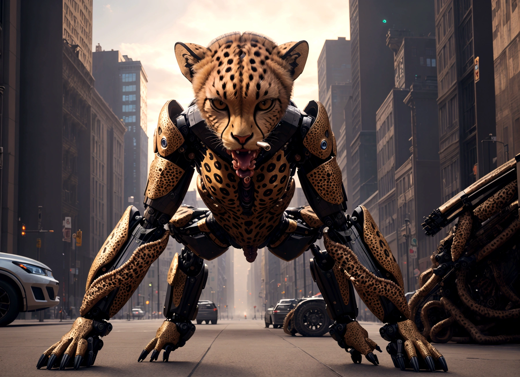 a humanoid transformer robot in cheetah mode, cheetah beast mode (curious look on face, extending many mechanical tentacle penises), restraining a startled naked woman and probing her (mouth pussy and anus) with curiosity and enthusiasm, downtown new york, (best quality,4k,8k,highres,masterpiece:1.2),ultra-detailed,(realistic,photorealistic,photo-realistic:1.37),concept art,highly detailed, 8k, photorealistic, cinematic lighting, vibrant colors, dramatic pose, hyperrealistic, intricate details, cinematic composition