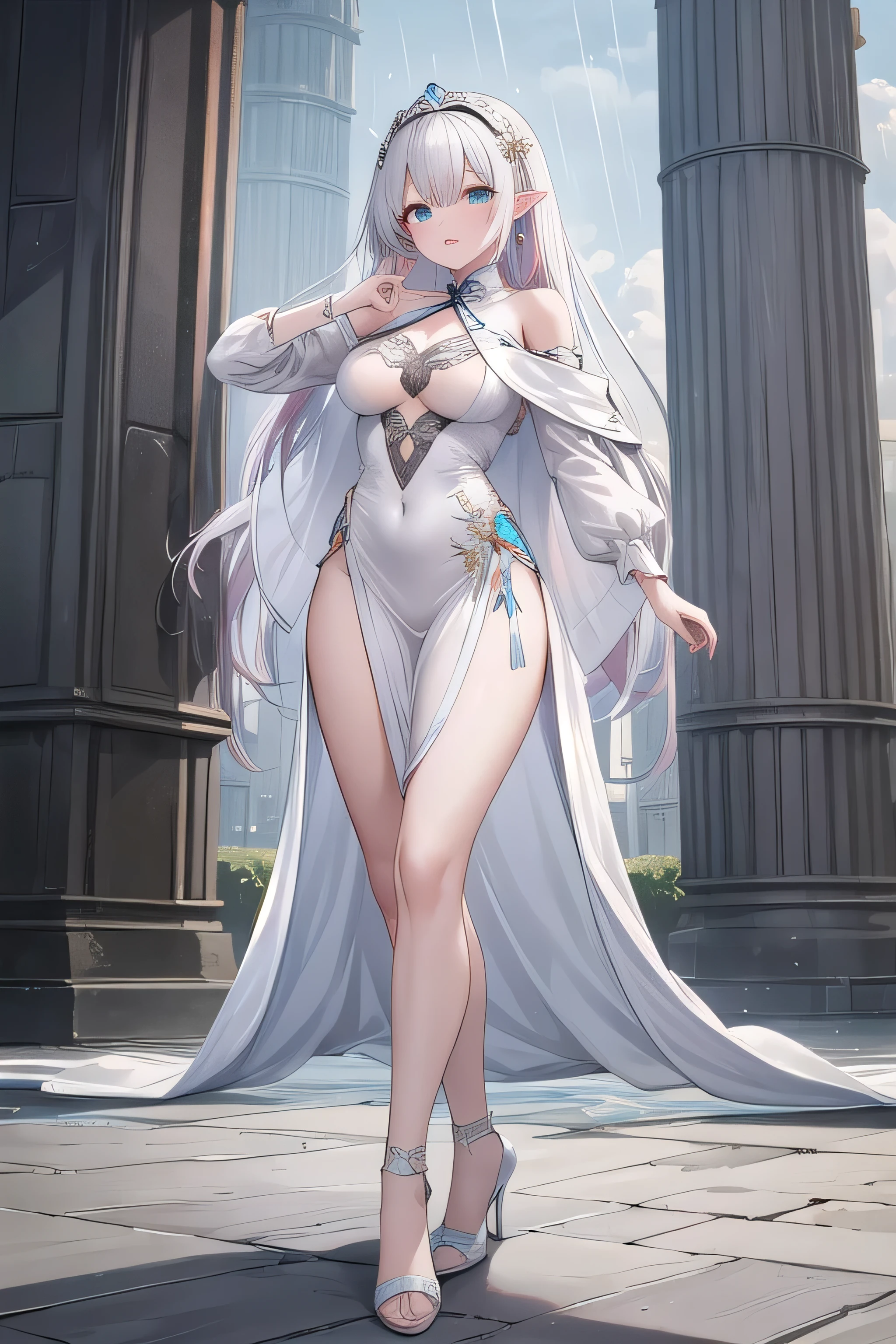 最high quality、high quality、best image quality、8K、最High resolution、High resolution、最high quality、masterpiece、whole body photos、 skin in every detail、 face in every detail、 eyes in every detail、 lips in every detail、 teeth in every detail、 ears with attention to detail、 hair with detailed details、arms with attention to detail、 hands with attention to detail、 fingers with attention to detail、 (fine hands、thumb１reference４)、 legs with attention to detail, feet with attention to detail, 8k, ultra HD, sharp focus, details hair, beautiful hair, details face, beautiful detail eye, details pupil, perfect hand, vibrant colours, soft lighting.

1girl, royal family , Chinese style, long hair, multi colour hair, style hair, pink and white hair, Chinese hair accessories, sea green eyes, giant breast, losses royal dress, beautiful royal dress, long royal dress, elegant royal dress, off shoulder, high heel, sexy pose .

in city, standing, beside pillar, raining, nice clouds