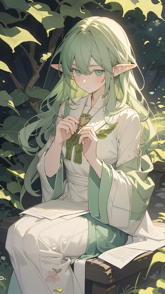  ((((perfectly painted, hyper-realistic, ultra high resolution)))), 1woman, sitting, (((Herbeaute:1, sage:1, elven:1)), [botanical attire], (long, flowing, dark green robes), (long, wavy, emerald green hair), (pointed elven ears), (youthful face), (kind and gentle eyes), ((outdoor, floral background, dappled sunlight)), (imposing flowers behind her), (leaning against a tree), (holding a heart-shaped leaf), (peaceful expression), (heartshaped amulet around neck), ((rolled up parchment in hand)), ((fingertips tracing the parchment)), ((close-up)), 30 years old, (((calm and serene)))