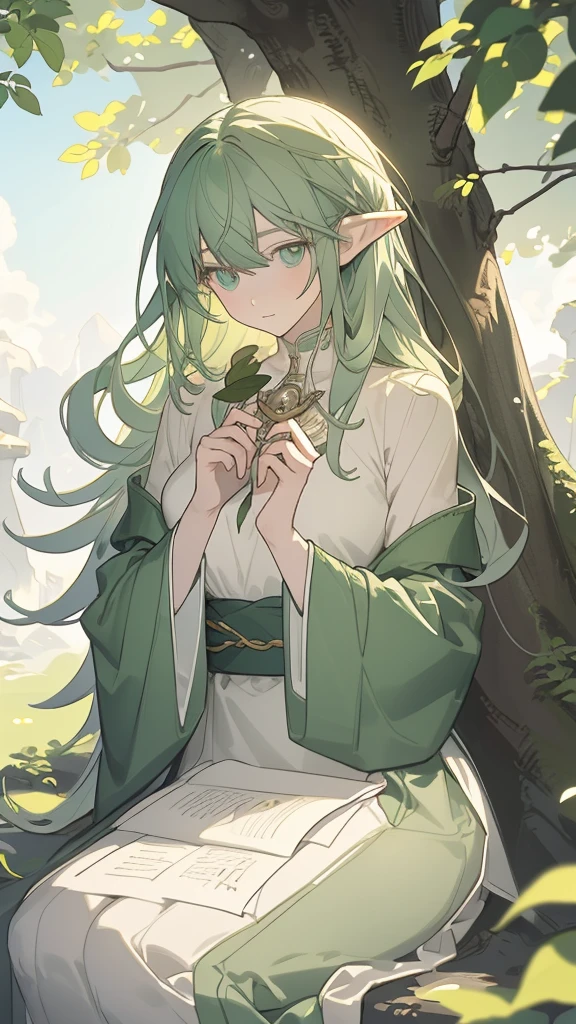  ((((perfectly painted, hyper-realistic, ultra high resolution)))), 1woman, sitting, (((Herbeaute:1, sage:1, elven:1)), [botanical attire], (long, flowing, dark green robes), (long, wavy, emerald green hair), (pointed elven ears), (youthful face), (kind and gentle eyes), ((outdoor, floral background, dappled sunlight)), (imposing flowers behind her), (leaning against a tree), (holding a heart-shaped leaf), (peaceful expression), (heartshaped amulet around neck), ((rolled up parchment in hand)), ((fingertips tracing the parchment)), ((close-up)), 30 years old, (((calm and serene)))