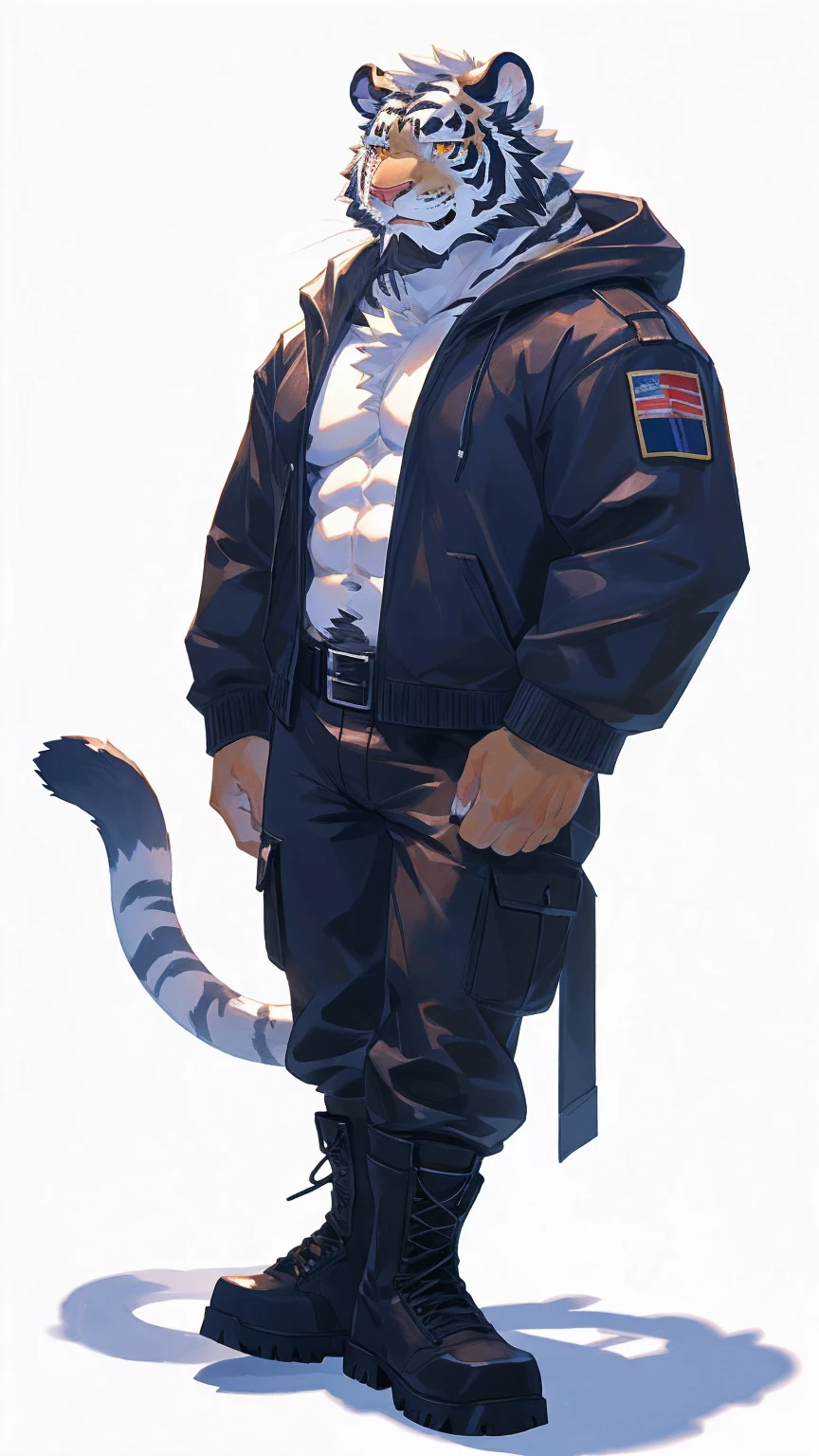 (masterpiece:1.2), best quality,pixiv,official art,perfect anatomy, (Ray tracing, light),solo, (1_male:1.3) , (muscle), (white fur:1.4), (muscle white tiger), (beard:1.2), (gleaming golden eyes), tigrt tail, Thick eyebrows, open hoodie, (naked inside:1.2), cargo pants, (boots:1.2), (pure white background: 1.3)