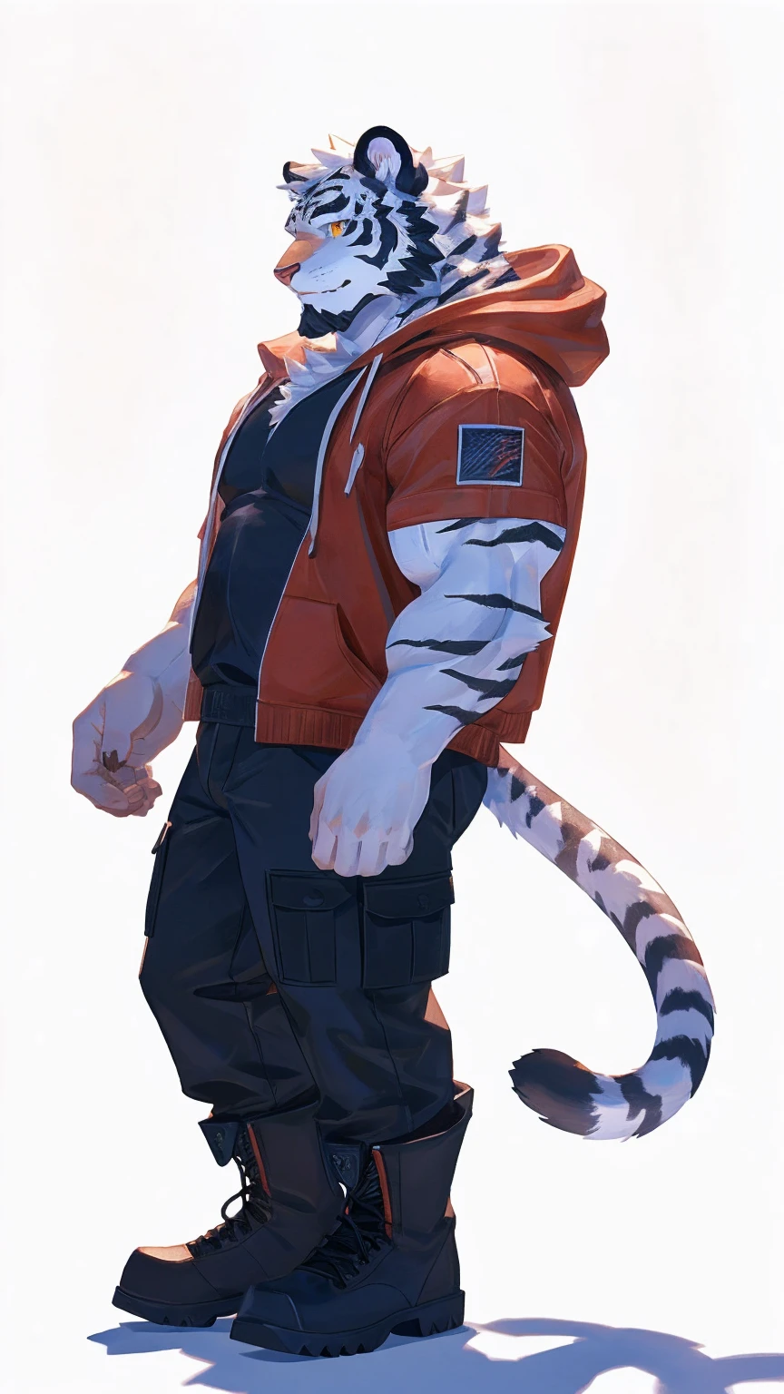 (masterpiece:1.2), best quality,pixiv,official art,perfect anatomy, (Ray tracing, light),solo, (1_male:1.3) , (muscle), (white fur:1.4), (muscle white tiger), (beard:1.2), (gleaming golden eyes), tigrt tail, Thick eyebrows, open hoodie, (naked inside:1.2), cargo pants, (boots:1.2), (pure white background: 1.3)