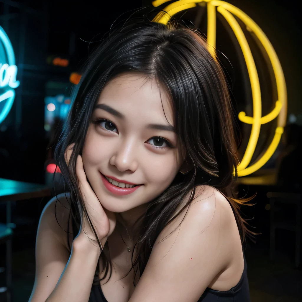 raw photo , 8K, ultra detailed, (realistic:1.2), (1girl), (smile:1.3), (round face), (black camisole),(holding big neon ball:1.3), (dark room)