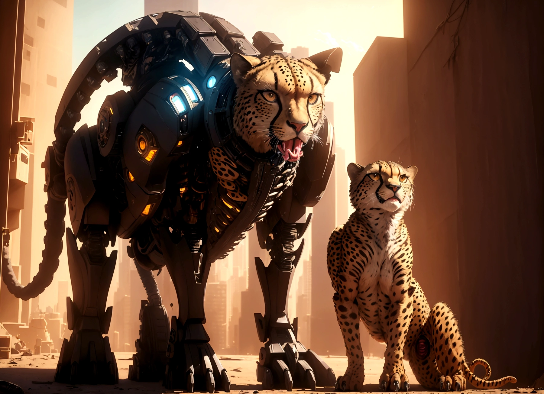 a humanoid transformer robot in cheetah mode, cheetah beast mode (curious look on face, extending many mechanical tentacle penises), restraining a startled naked woman and probing her (mouth pussy and anus) with curiosity and enthusiasm, downtown new york, (best quality,4k,8k,highres,masterpiece:1.2),ultra-detailed,(realistic,photorealistic,photo-realistic:1.37),concept art,highly detailed, 8k, photorealistic, cinematic lighting, vibrant colors, dramatic pose, hyperrealistic, intricate details, cinematic composition