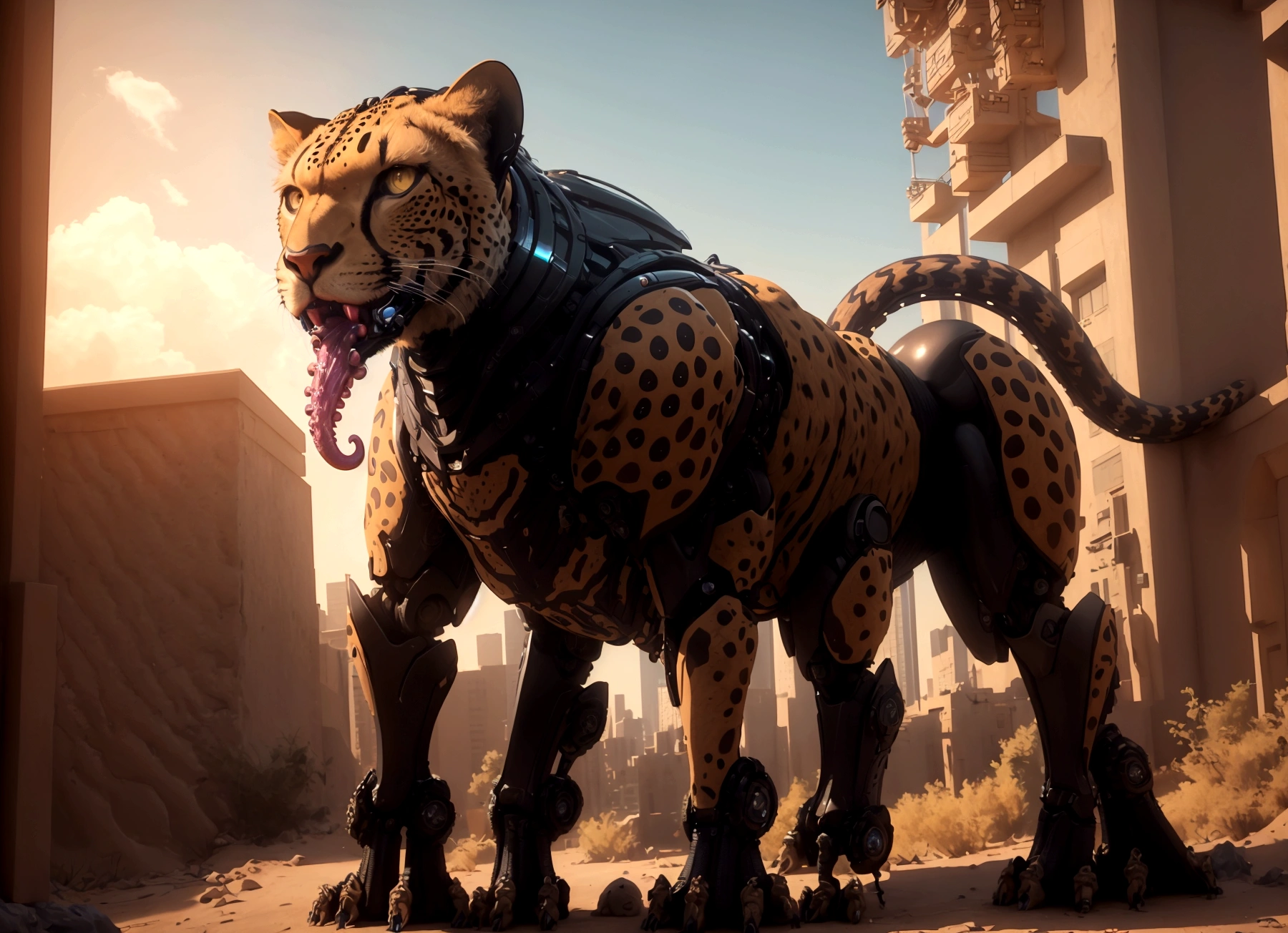 a humanoid transformer robot in cheetah mode, cheetah beast mode (curious look on face, extending many mechanical tentacle penises), restraining a startled naked woman and probing her (mouth pussy and anus) with curiosity and enthusiasm, downtown new york, (best quality,4k,8k,highres,masterpiece:1.2),ultra-detailed,(realistic,photorealistic,photo-realistic:1.37),concept art,highly detailed, 8k, photorealistic, cinematic lighting, vibrant colors, dramatic pose, hyperrealistic, intricate details, cinematic composition