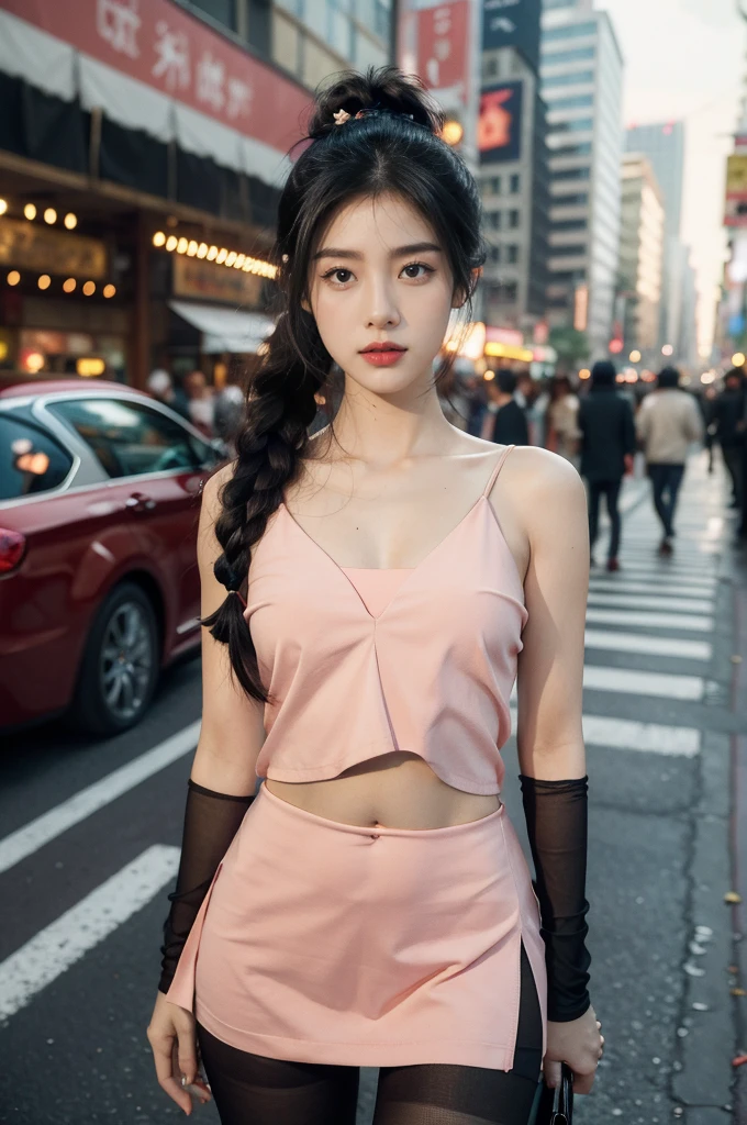 (((best quality))),(((ultra detailed))),(((masterpiece))),illustration,1girl,slim,sun-kissed skin,vibrant rose-pink cotton dress,short ponytail,flat chest,navel,pantyhose,standing, bustling city streets, honking cars,surrounded by crowded crowds, colorful advertisements,grilled skewers,enjoying sights and sounds,(dark black skin:1.5),day scene,upper body