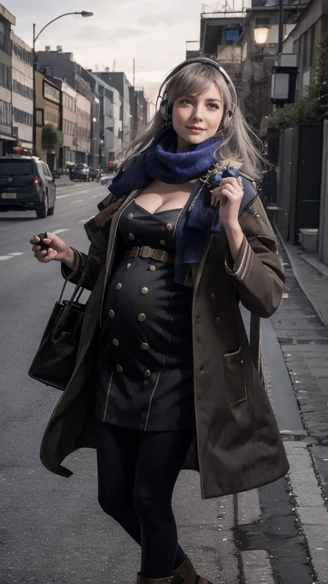 masterpiece, best quality, 1girl,  HD, 4K, solo, Bkornblume, headphones, solo, blue scarfs, coat, pussy, pregnancy, pregnant, exhibitionism, headache, black leggings, black gloves, grey hair, blushing, naked, smile, full body, pouch, german face, boots, walks, tongues out, salivate, nude, NSFW, opened breasts, stasi spy, suburbs background, pantyhose, heels, holsters, buttons, knee, Street, Germany, breasts, blue stocking, nipples, topless, nude, big breasts, mommy, mama Bkornblume, birth, birthing screams