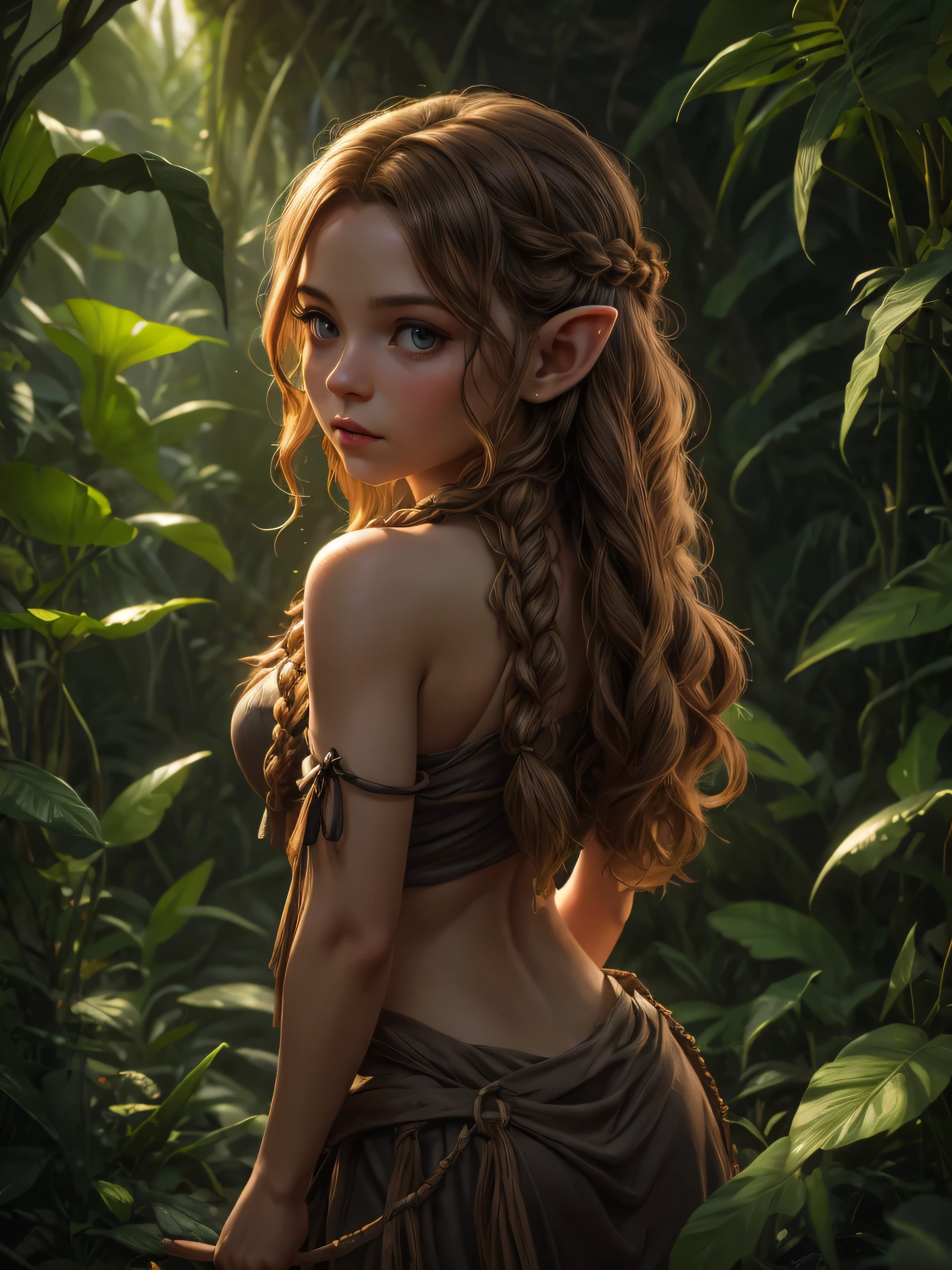looking back elf girl portrait, curly two braid hair, in a jungle, 8k, RAW photo, best quality, masterpiece, high detail RAW color photo, dramatic lighting, cinematic lighting, back light, professional lighting