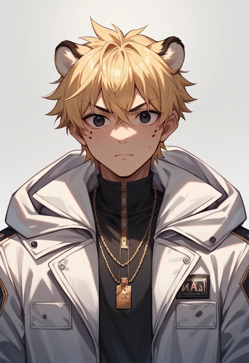 close up：Cheetah man in white jacket, 4D anime style, Tall anime face with black eyes, !