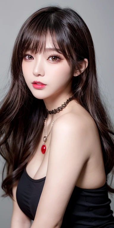 Canon RF 85mmf/1.2,masutepiece,Best Quality,超A high resolution,tu,1 girl,(Korean mixed,Kpop Idol:1.2),Solo,white_shiny_skin,Black eyes,Necklace,brown_long_Wavy_hair,Red lipstick bright_shiny_Lips,Eyelashes,Bangs,deal,make - up,shiny,Pore,skin texture,Bracelet,off shoulders,See-through,Big breasts