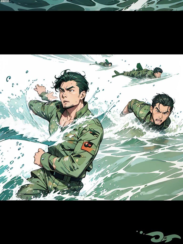 Cartoon,Soldiers,Running in the sea,Brother ,Propaganda poster,serious,A Brother Bing running by the water,Return from the Waves。Q version,Chinese style,Can have more than one character,Green camouflage uniform,Running posture。To be cartoon,Not realistic,Want posters。