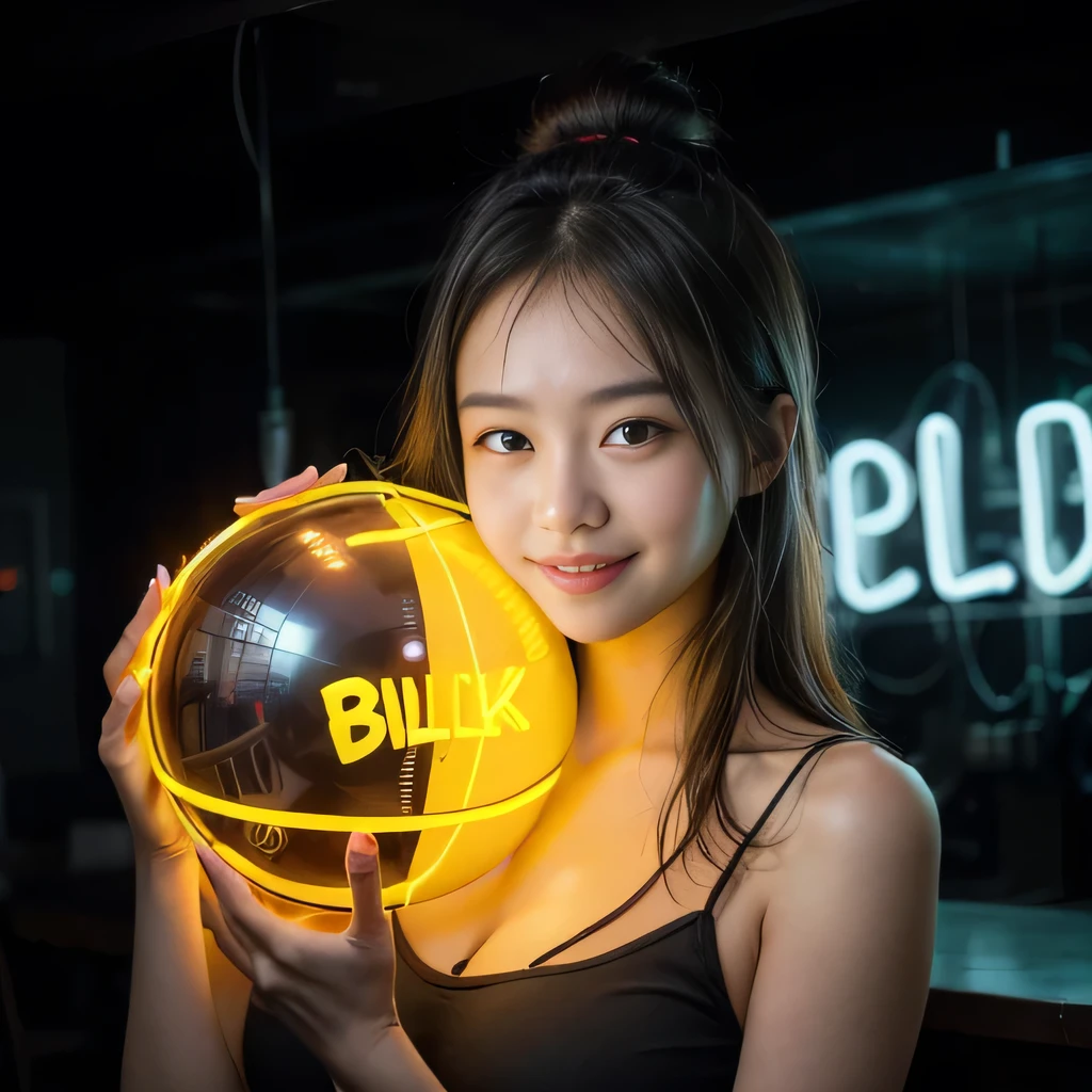 raw photo , 8K, ultra detailed, (realistic:1.2), (1girl), (smile:1.3), (round face), (black camisole),(holding big neon ball:1.3), (dark room)