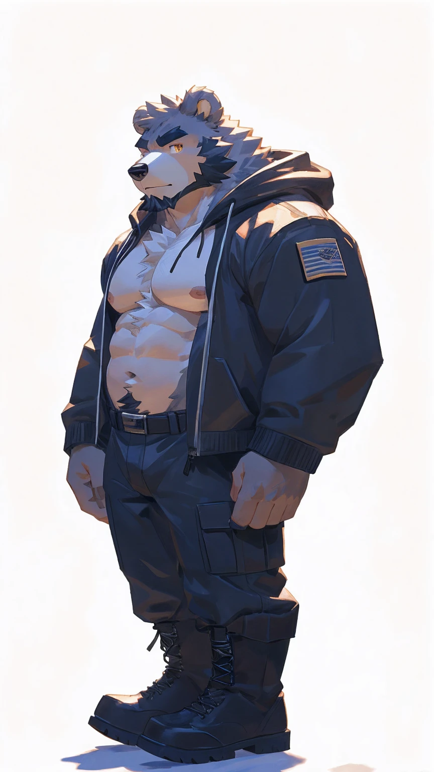 (masterpiece:1.2), best quality,pixiv,official art,perfect anatomy, (Ray tracing, light),solo, (1_male:1.3) , (muscle), (grey fur:1.4), (muscle bear), (beard:1.2), (gleaming golden eyes), bear tail, Thick eyebrows, open hoodie, (naked inside:1.2), cargo pants, (boots:1.2), (pure white background: 1.3)