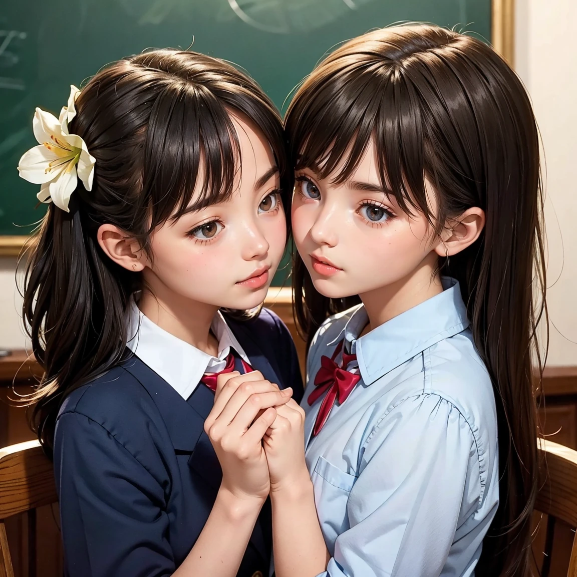 (masterpiece, best quality), perfect anatomy, perfect hands, two school girls are deeply in love with each other, flower