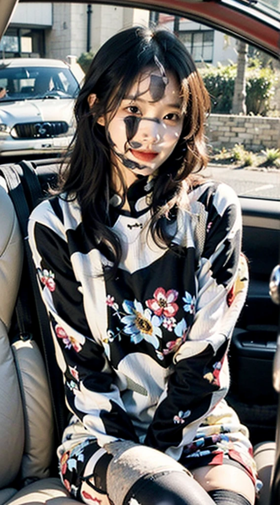 (1 Korean celebrities with royal sister style), ((best quality, 8K, masterpiece: 1.3)), focus: 1.2, Perfect body proportions: 1.4, (Smile),  （Ray tracing）,Big watery eyes, Highly detailed face and skin textures, beautiful eyes, double eyelids, (Do it in the car:1.3),Whitens skin, (Waves: 1.3), (round face: 1.5), (floral dress: 1.4), (Black stockings: 1.4),(film grain style:1.3)，Sense of atmosphere