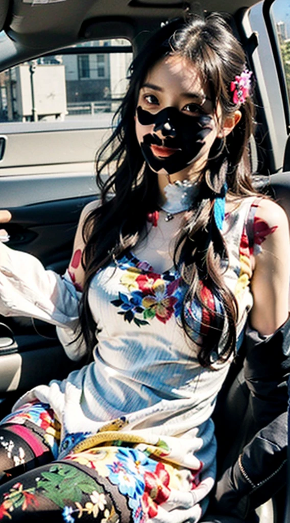 (1 Korean celebrities with royal sister style), ((best quality, 8K, masterpiece: 1.3)), focus: 1.2, Perfect body proportions: 1.4, (Smile), (Ray tracing),Big watery eyes, Highly detailed face and skin textures, beautiful eyes, double eyelids, (Do it in the car:1.3),Whitens skin, (Waves: 1.3), (round face: 1.5), (floral dress: 1.4), (Black stockings: 1.4),(film grain style:1.3),Sense of atmosphere