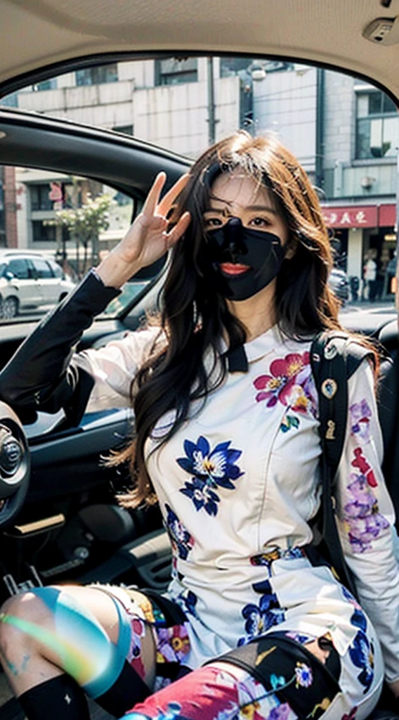 (1 Korean celebrities with royal sister style), ((best quality, 8K, masterpiece: 1.3)), focus: 1.2, Perfect body proportions: 1.4, (Smile), (Ray tracing),Big watery eyes, Highly detailed face and skin textures, beautiful eyes, double eyelids, (Do it in the car:1.3),Whitens skin, (Waves: 1.3), (round face: 1.5), (floral dress: 1.4), (Black stockings: 1.4),(film grain style:1.3),Sense of atmosphere
