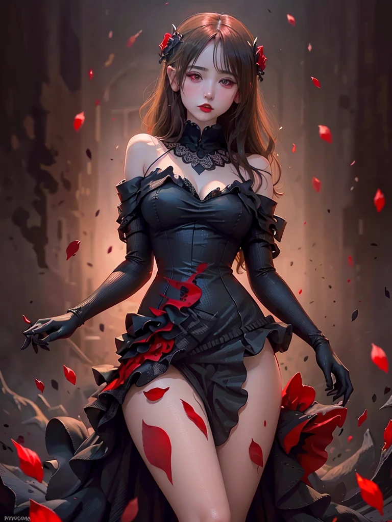 Explore the depths of darkness and passion with this striking digital artwork featuring a  woman adorned in a black dress, her ruby red lips a stark contrast against the bold red and black splatters that surround her.